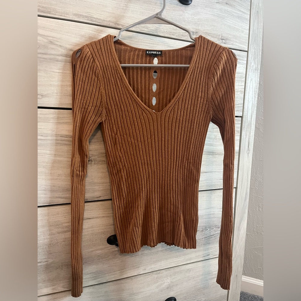 Express Women's Brown Ribbed Long Sleeve Top